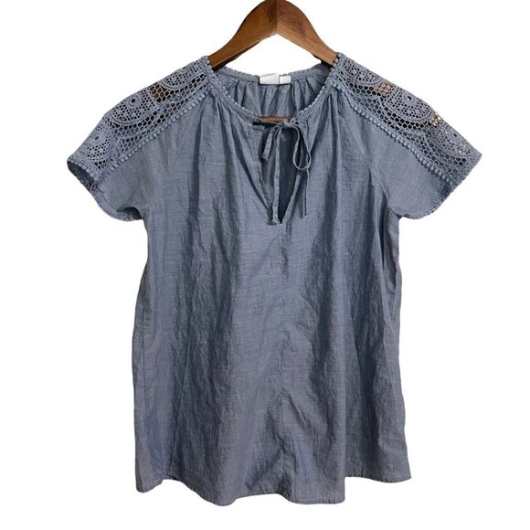 GAP Womens Blue Chambray Tie Neck Crocket Sleeve Bohemian Blouse Small - Picture 1 of 6